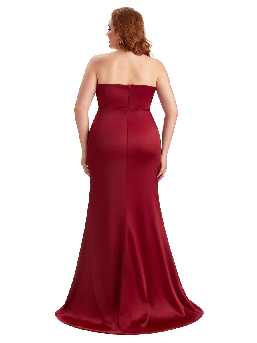Plus Size Sexy Side Slit Mermaid Soft Satin Long Bridesmaid Dress For Wedding