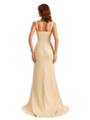 Elegant Soft Satin Straight Neck Side Slit Lace Long Mermaid Formal Wear For Wedding