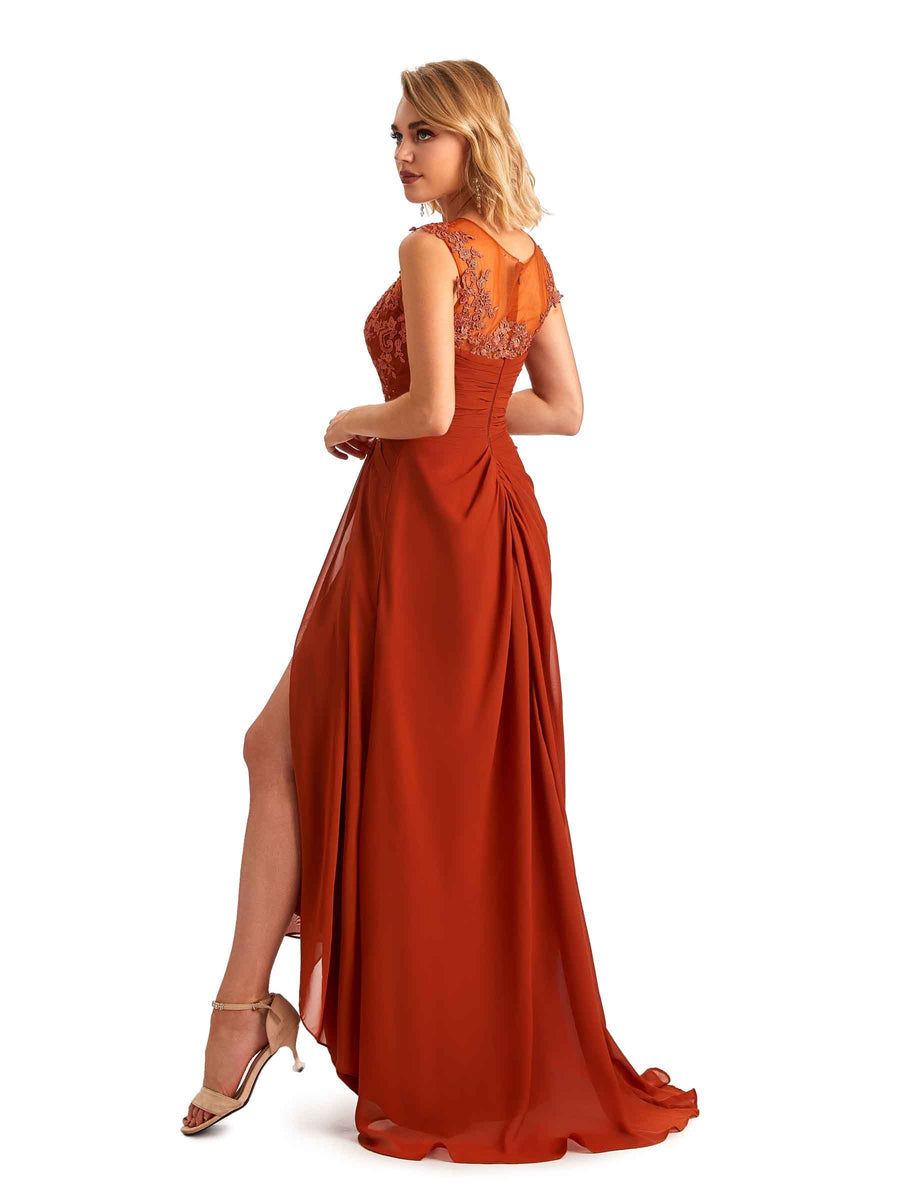 Elegant Chiffon Jewel Side Slit High Low Lace Beaded Mother of the Brides Dresses