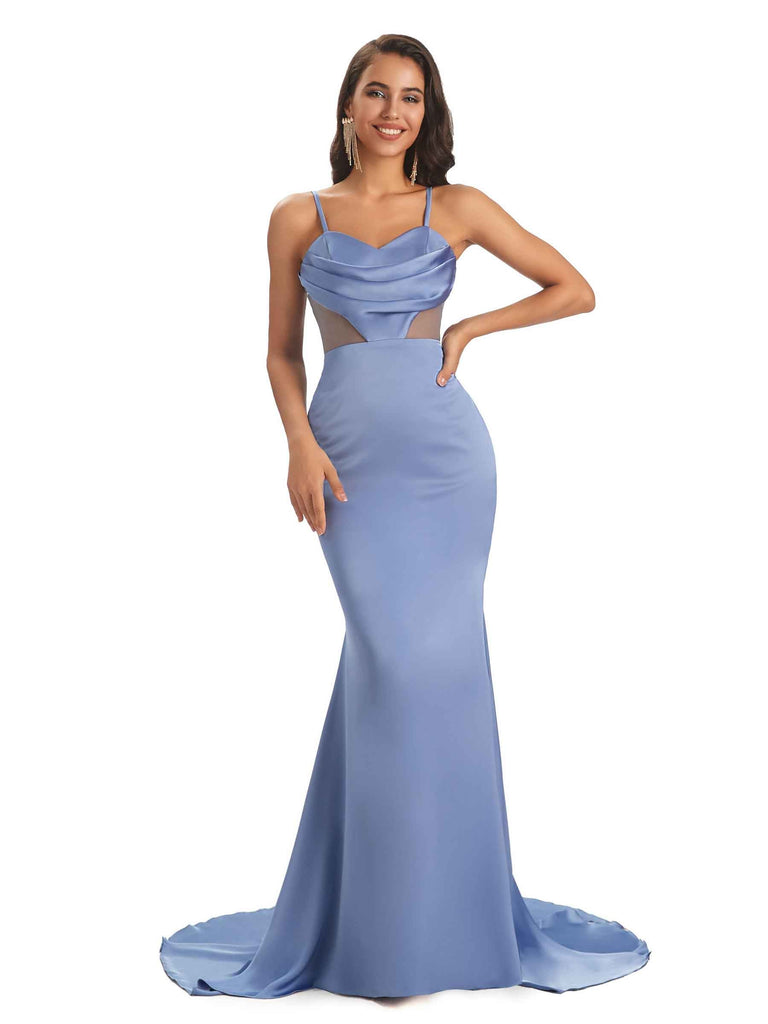 Sexy Soft Spaghetti Straps Satin Mermaid See Through Prom Dresses Online With Slit