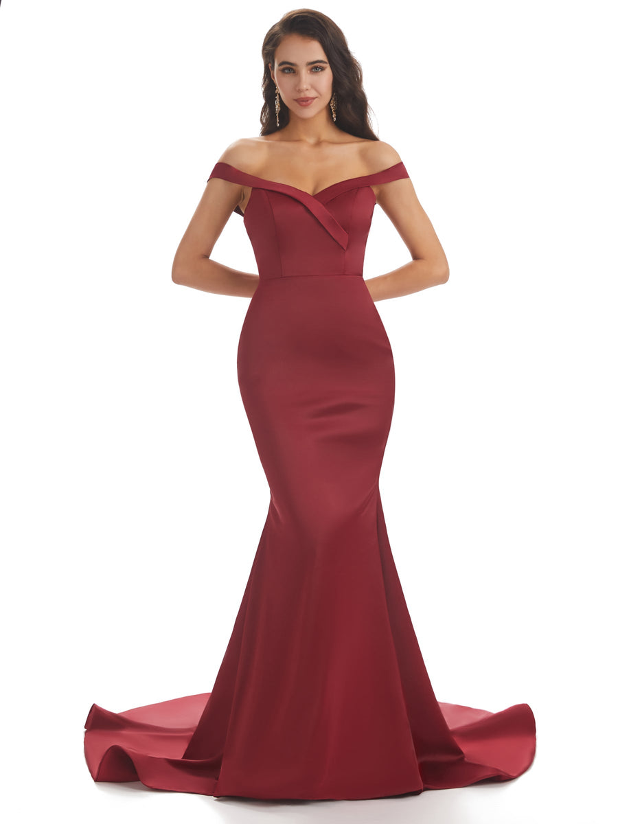 Elegant Off The Shoulder Simple Satin Mermaid Long Formal Prom Dresses Sale