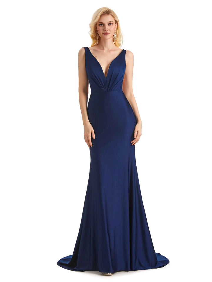 Sexy Mermaid V-Neck Backless Stretchy Jersey Long Formal Prom Dresses Online