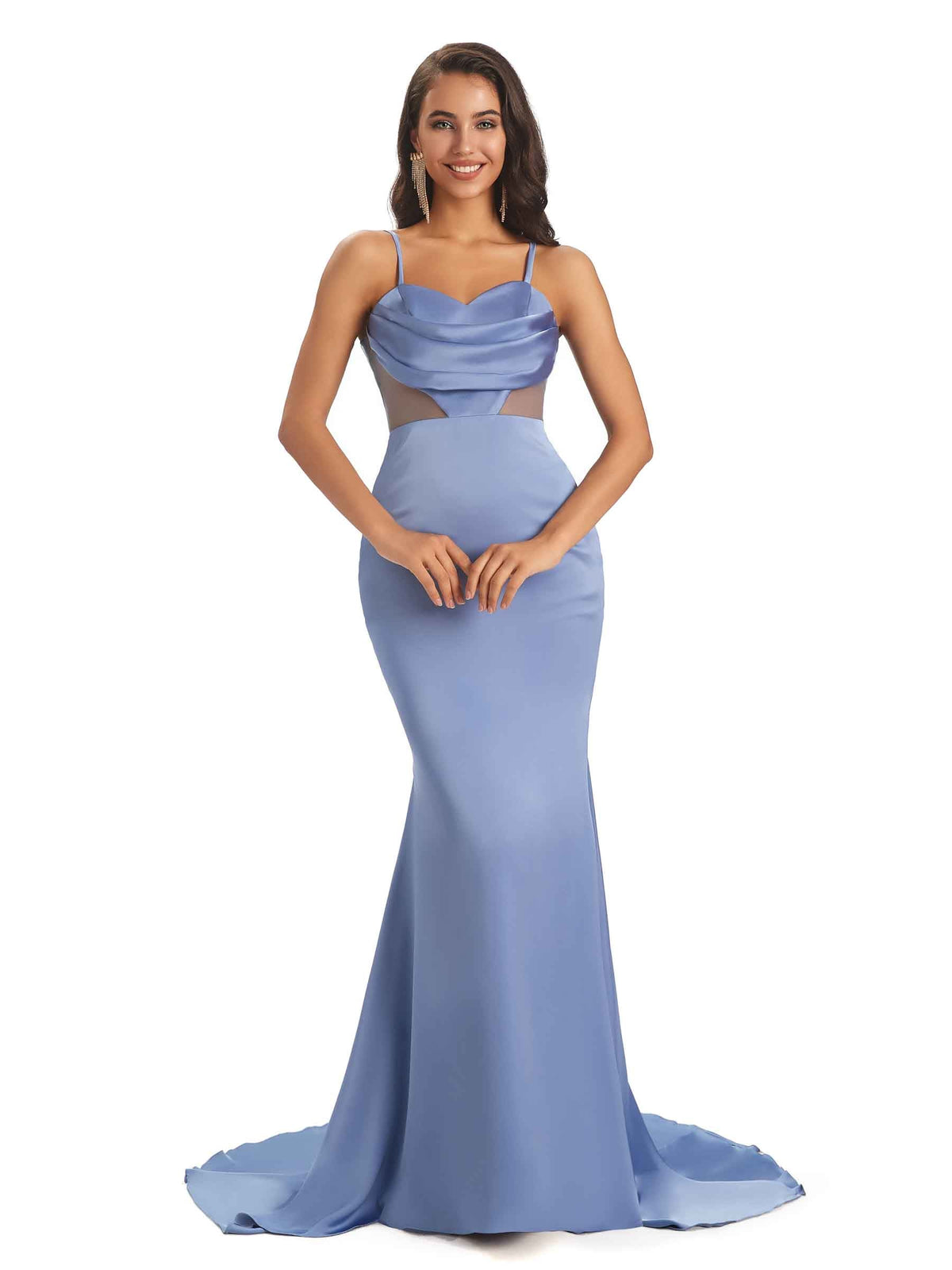 Sexy Soft Spaghetti Straps Satin Mermaid See Through Prom Dresses Online With Slit