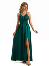 Sexy Side Slit Twisted Knot High Waist Ruched Satin A-line Long Formal Evening Dresses