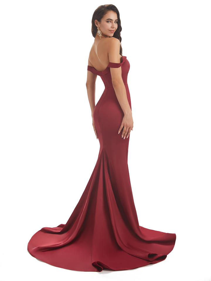 Elegant Off The Shoulder Soft Satin Mermaid Long Bridesmaid Dresses Online