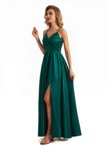 Sexy Side Slit Twisted Knot High Waist Ruched Satin A-line Long Formal Evening Dresses