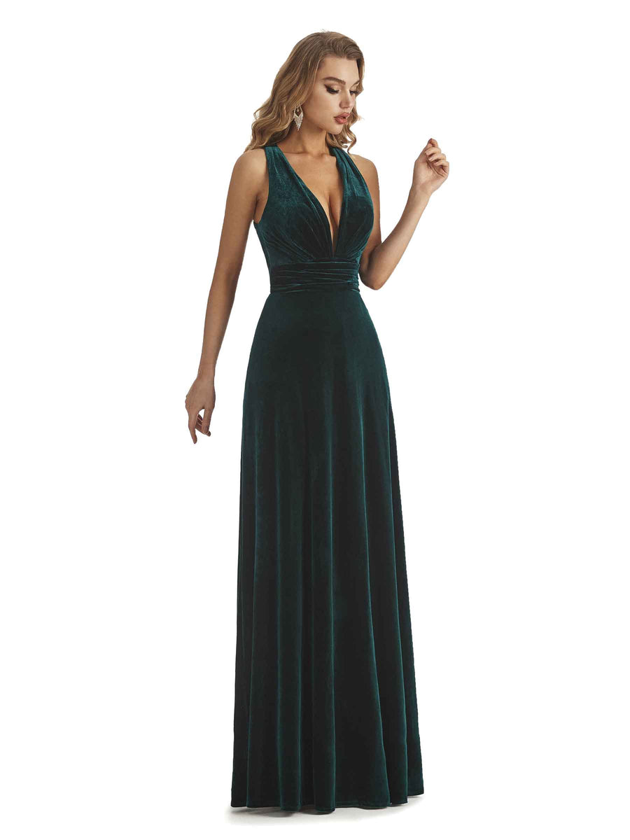 Elegant Mermaid V-Neck Criss Cross Velvet Long Bridesmaid Dresses Online