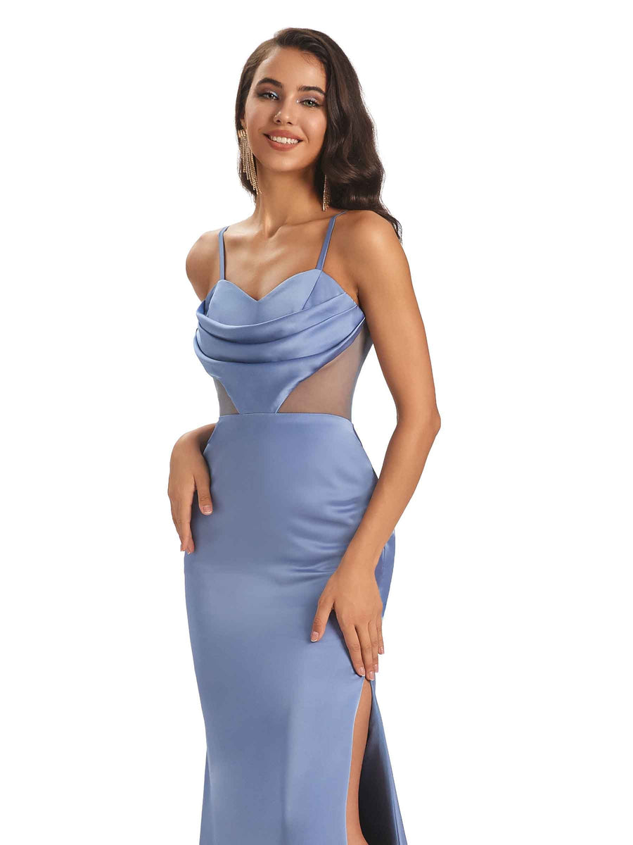 Sexy Soft Spaghetti Straps Satin Mermaid See Through Prom Dresses Online With Slit