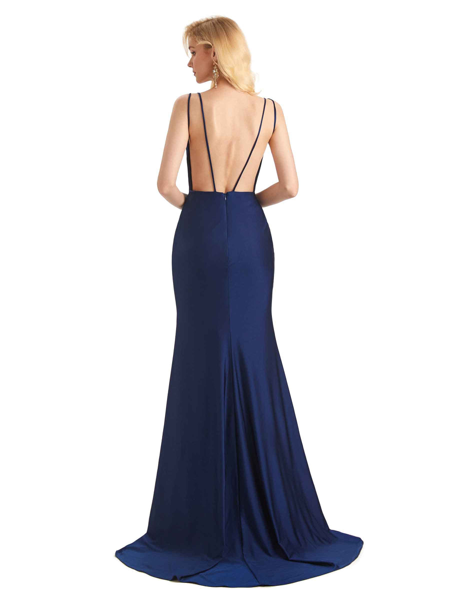 Sexy Backless Mermaid V-Neck Stretchy Jersey Long Formal Bridesmaid Dresses Online