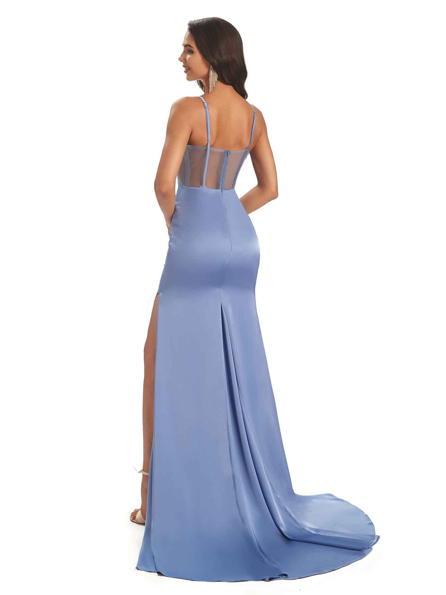 Sexy Soft Spaghetti Straps Satin Mermaid See Through Prom Dresses Online With Slit