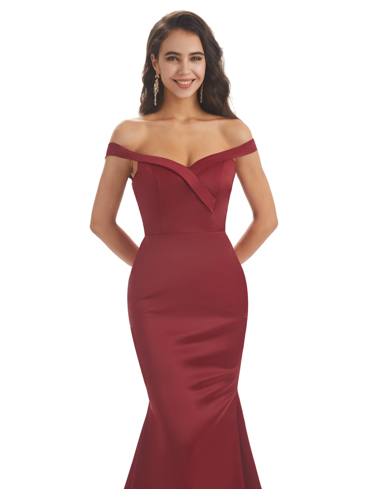 Elegant Off The Shoulder Soft Satin Mermaid Long Bridesmaid Dresses Online