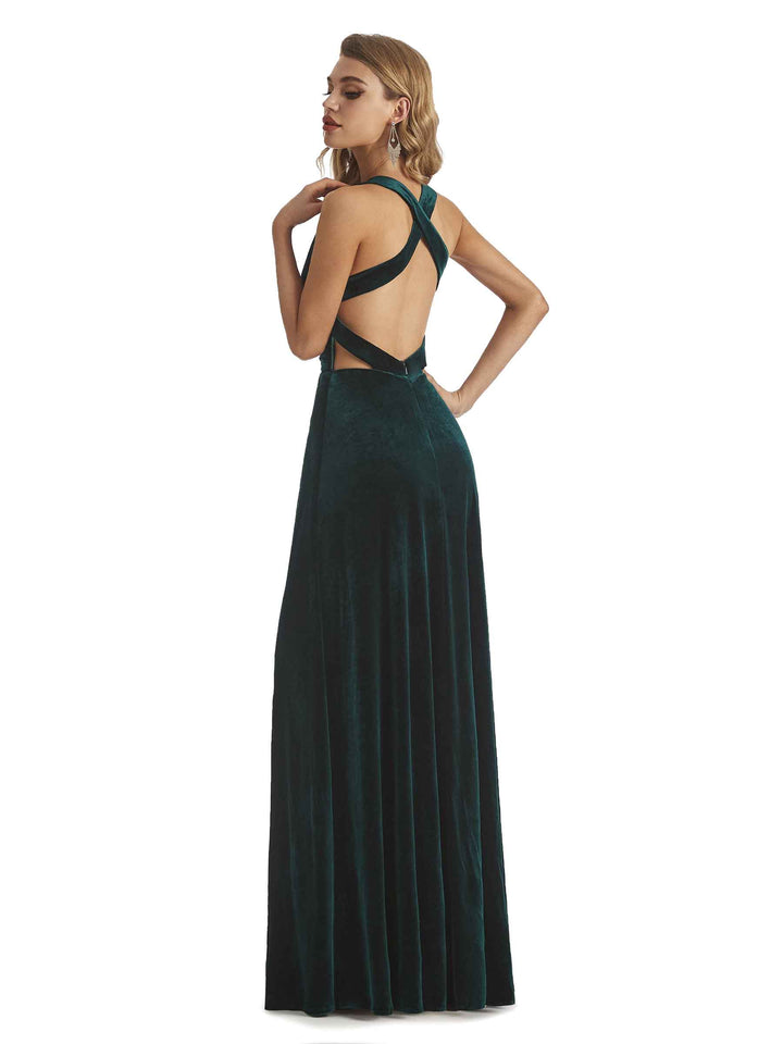 Elegant Mermaid V-Neck Criss Cross Velvet Long Winter Evening Dresses for Women