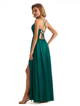 Sexy Side Slit Twisted Knot High Waist Ruched Satin A-line Long Formal Evening Dresses
