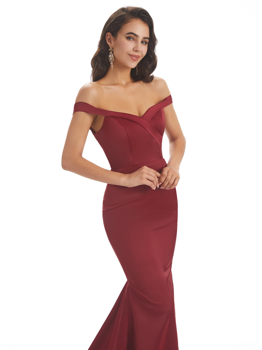 Elegant Off The Shoulder Soft Satin Mermaid Long Bridesmaid Dresses Online