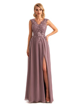 Elegant Side Slit Chiffon V-neck Long Lace Mother of the Brides Dresses