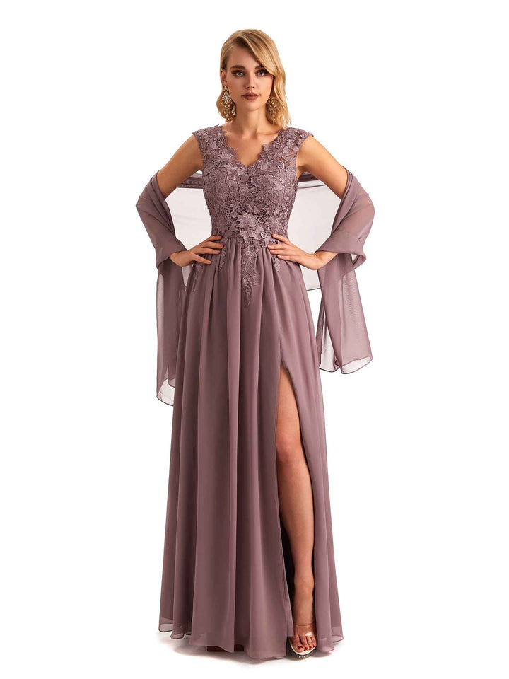 Elegant Side Slit Chiffon V-neck Long Lace Mother of the Brides Dresses