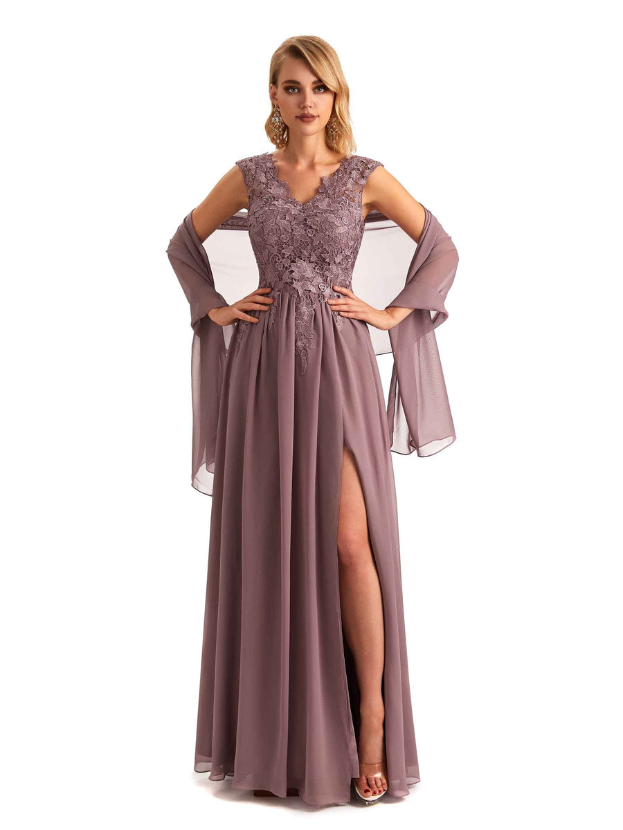 Elegant Side Slit Chiffon V-neck Long Lace Mother of the Brides Dresses