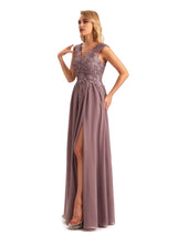 Elegant Side Slit Chiffon V-neck Long Lace Mother of the Brides Dresses