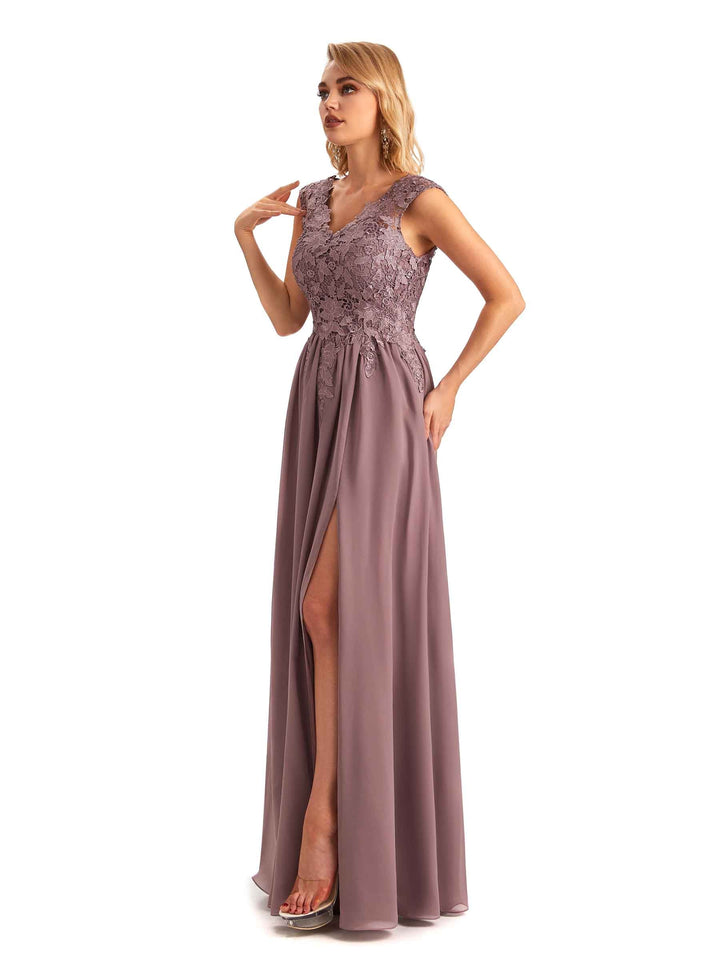 Elegant Side Slit Chiffon V-neck Long Lace Mother of the Brides Dresses