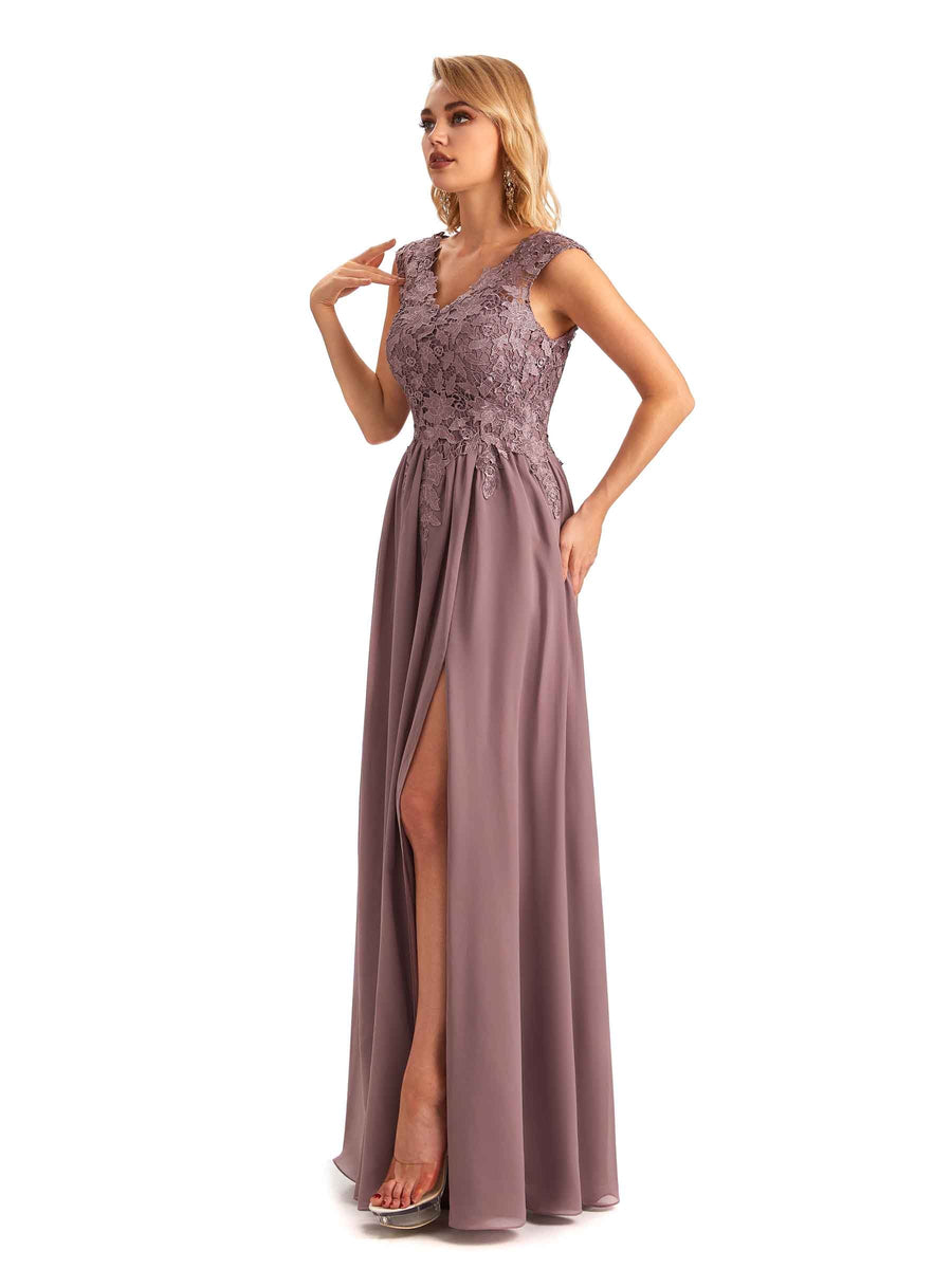 Elegant Side Slit Chiffon V-neck Long Lace Mother of the Brides Dresses