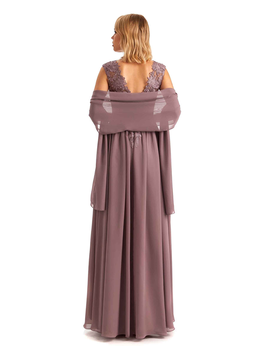 Elegant Side Slit Chiffon V-neck Long Lace Mother of the Brides Dresses