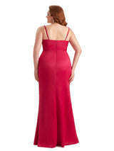 Sexy Spaghetti Straps V-neck Side Slit Mermaid Soft Satin Long Plus Size Bridesmaid Dress