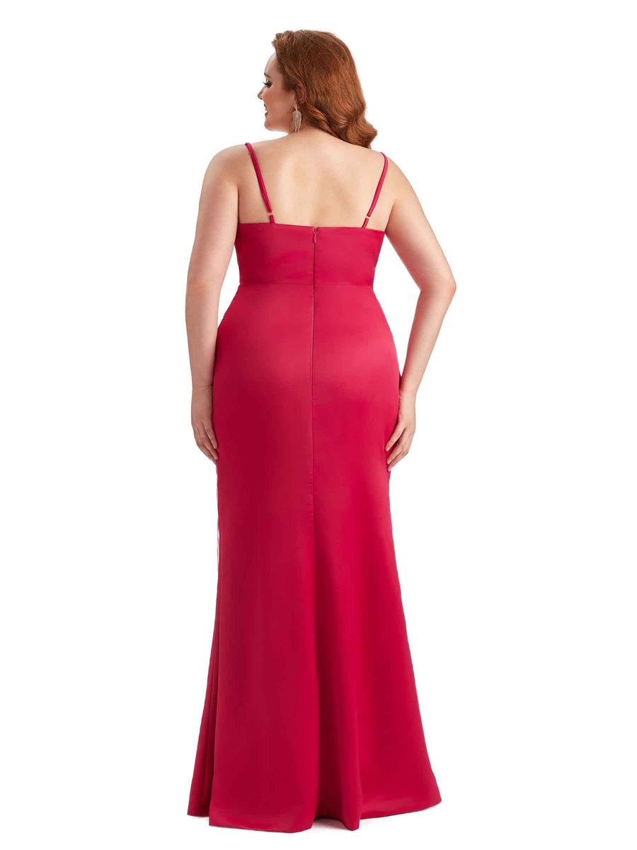 Sexy Spaghetti Straps V-neck Side Slit Mermaid Soft Satin Long Plus Size Bridesmaid Dress