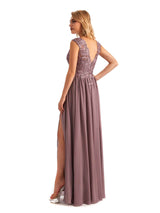 Elegant Side Slit Chiffon V-neck Long Lace Mother of the Brides Dresses