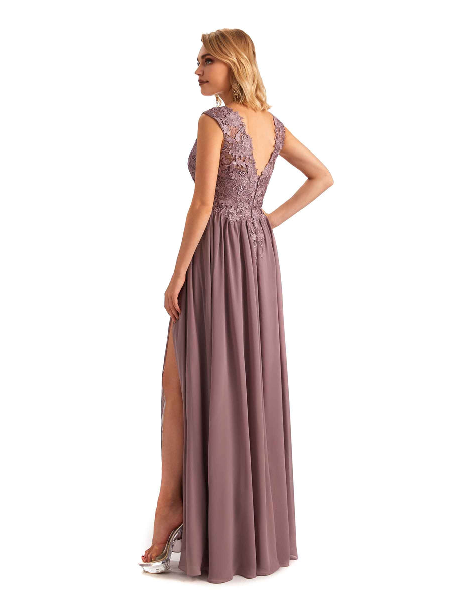 Elegant Side Slit Chiffon V-neck Long Lace Mother of the Brides Dresses