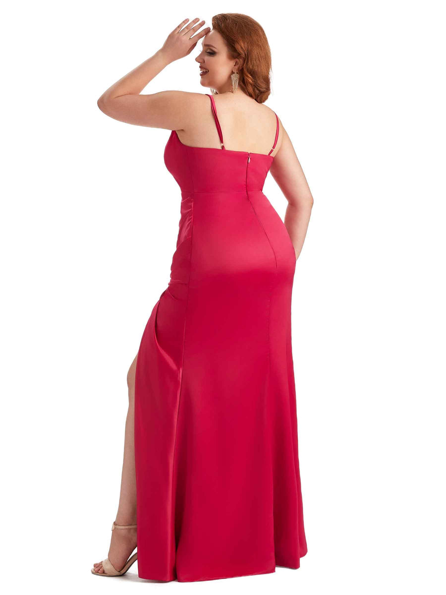 Sexy Spaghetti Straps V-neck Side Slit Mermaid Soft Satin Long Plus Size Bridesmaid Dress