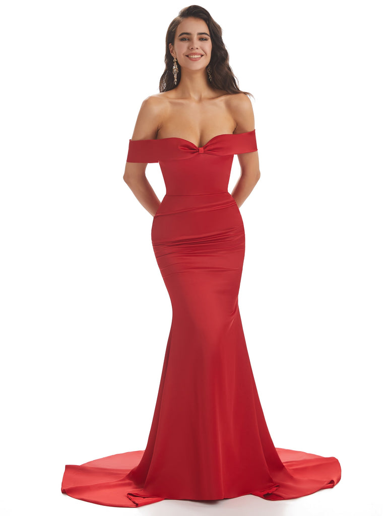 Modern Off The Shoulder Long Mermaid Satin Maid Of Honor Dresses Online For Sale