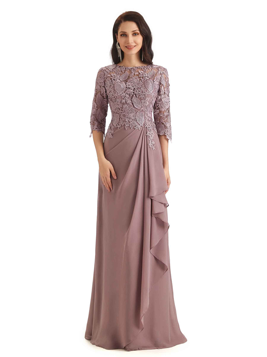 Elegant Chiffon Half Sleeves Lace Long Mother  of The Bride Dresses
