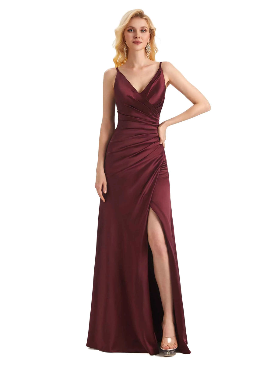 Sexy Side Slit Soft Satin V neck Mermaid Formal Long Prom Dresses Online