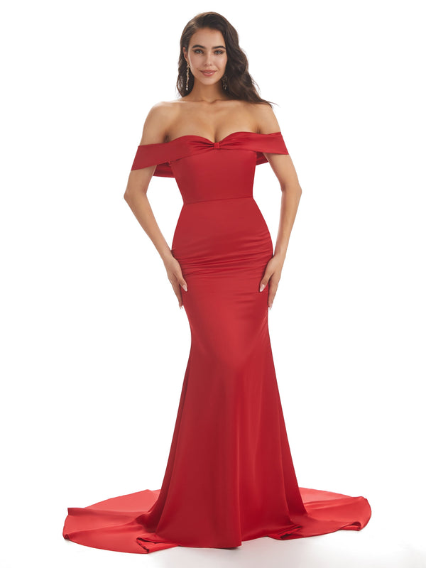 Modern Off The Shoulder Long Mermaid Satin Maid Of Honor Dresses Online For Sale
