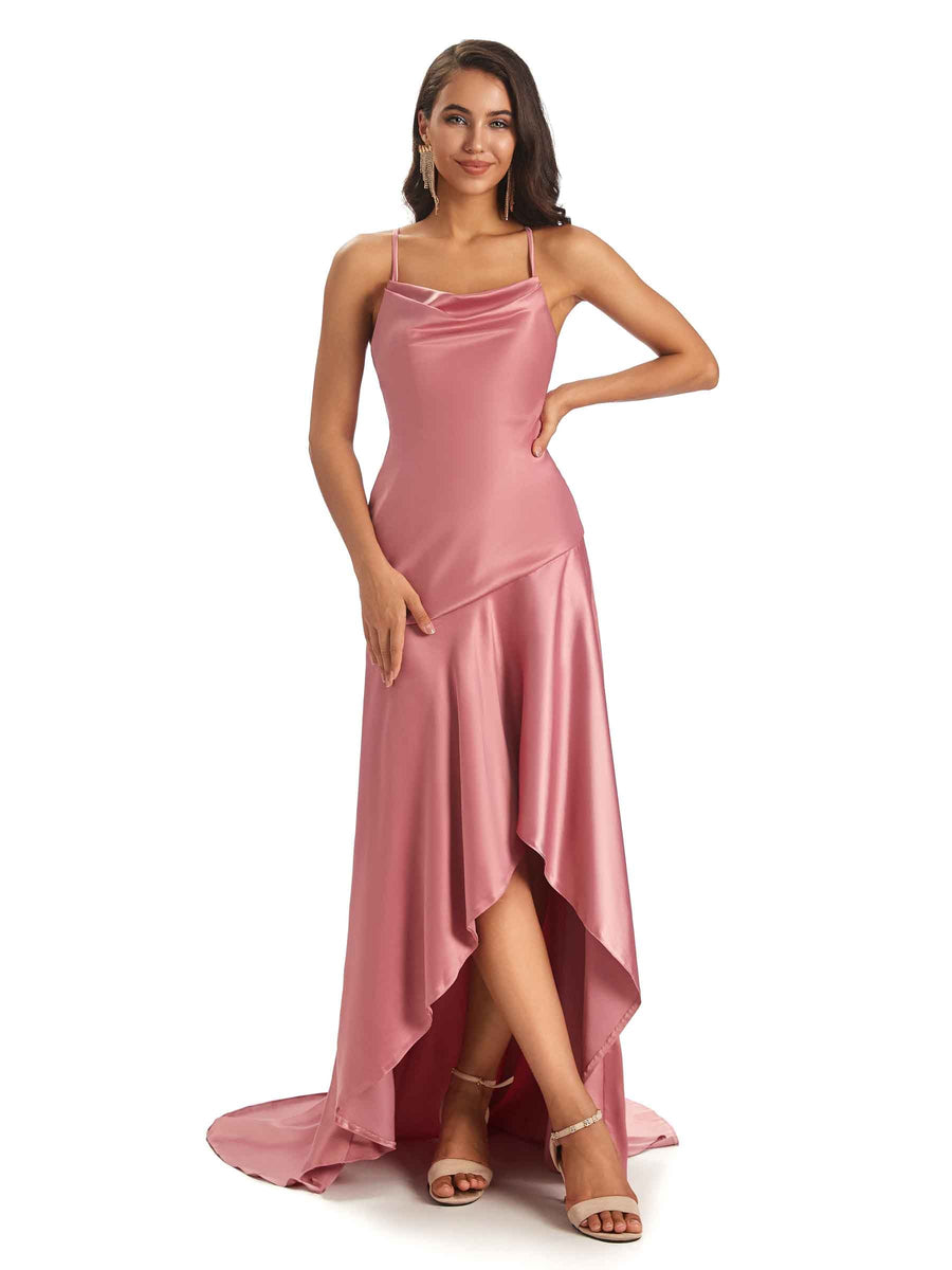 Sexy Soft Satin Criss Cross Spaghetti Straps Asymmetrical High Low Prom Dresses Online