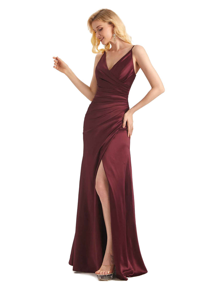 Sexy Side Slit Soft Satin Formal Long Wedding Guest Dresses Online