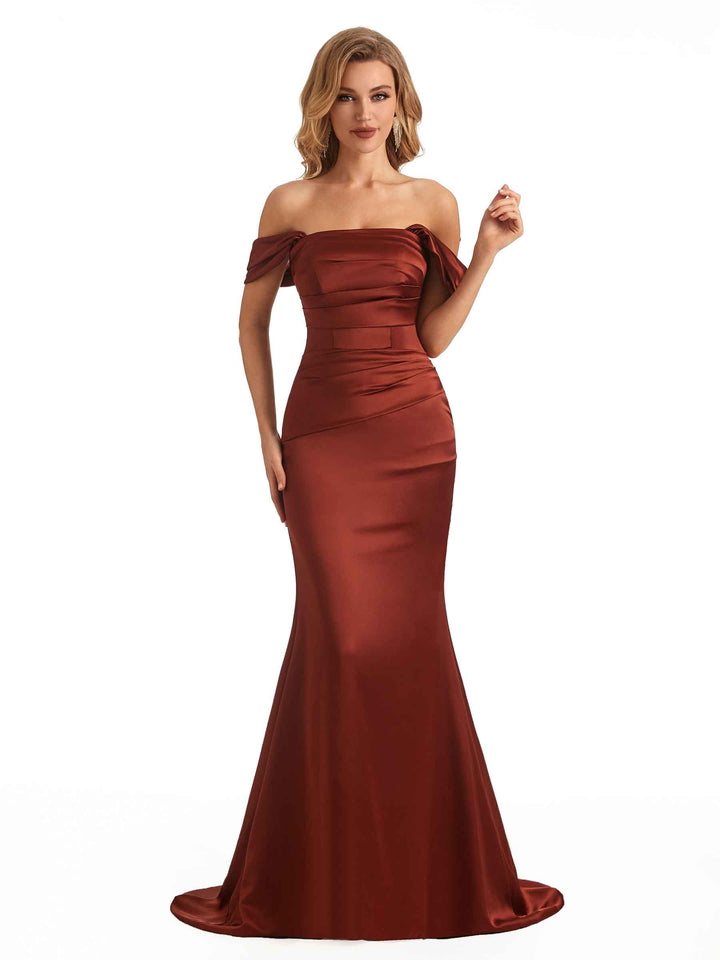 Simple Off The Shoulder Soft Satin Long Mermaid Bridesmaid Dresses Online