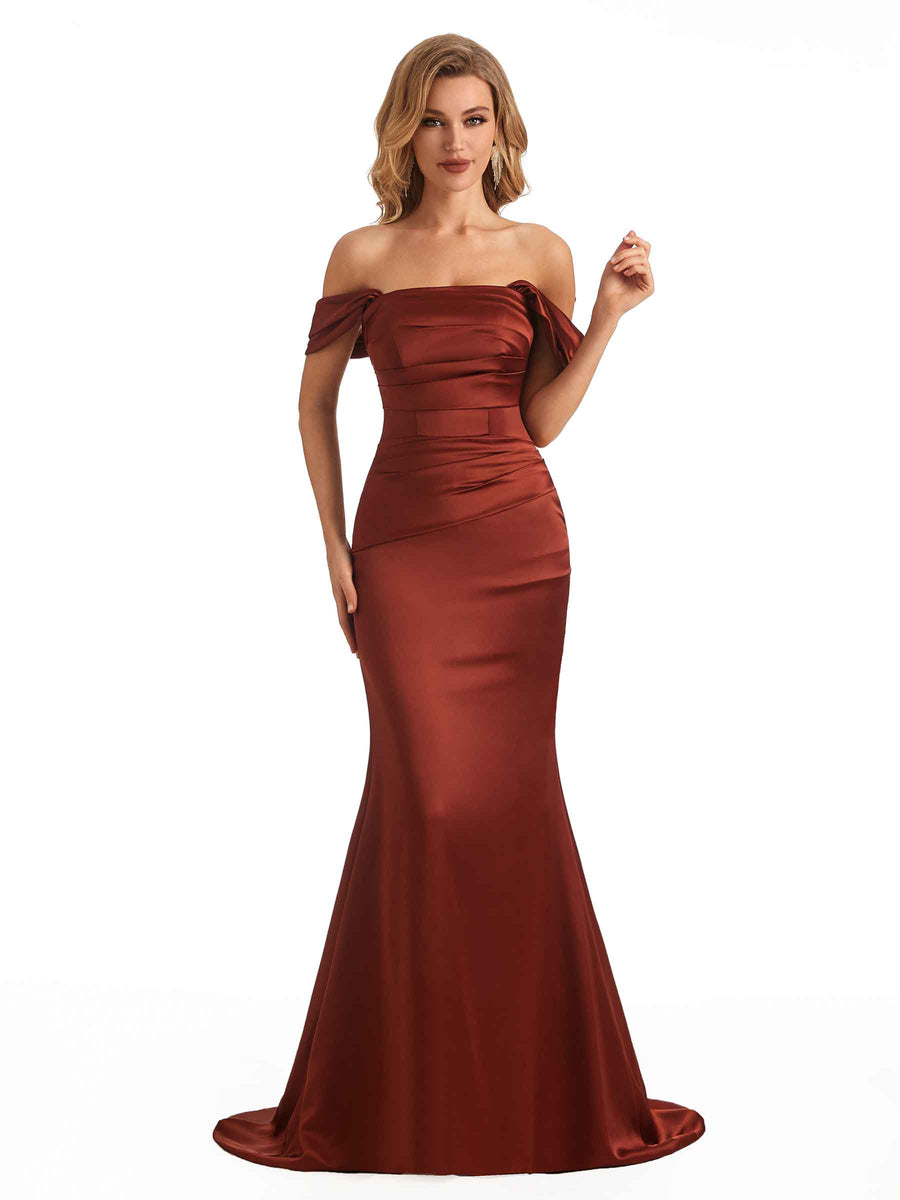 Simple Off The Shoulder Soft Satin Long Mermaid Bridesmaid Dresses Online