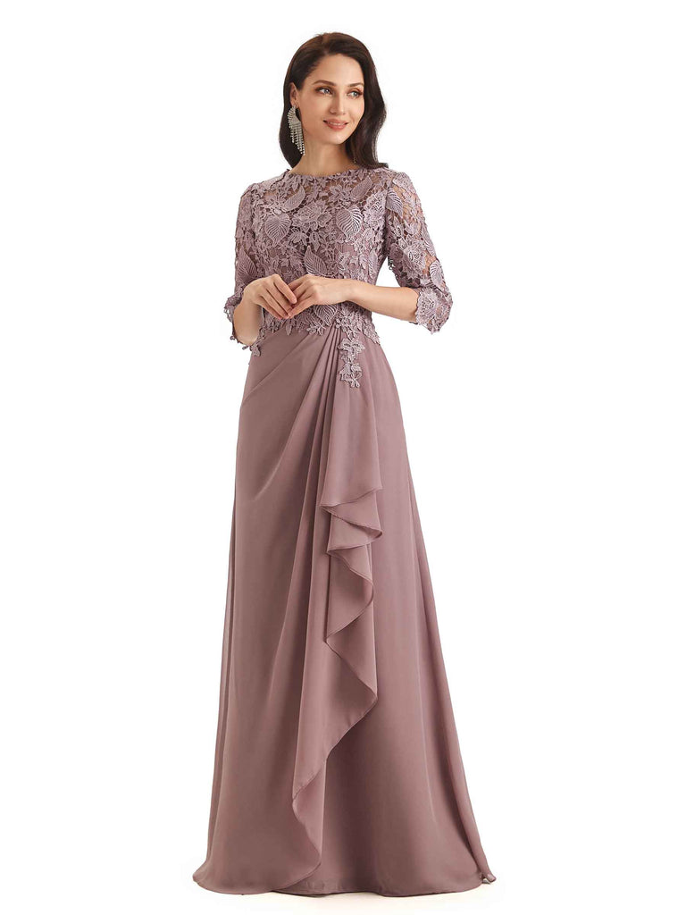 Elegant Chiffon Half Sleeves Lace Long Mother  of The Bride Dresses