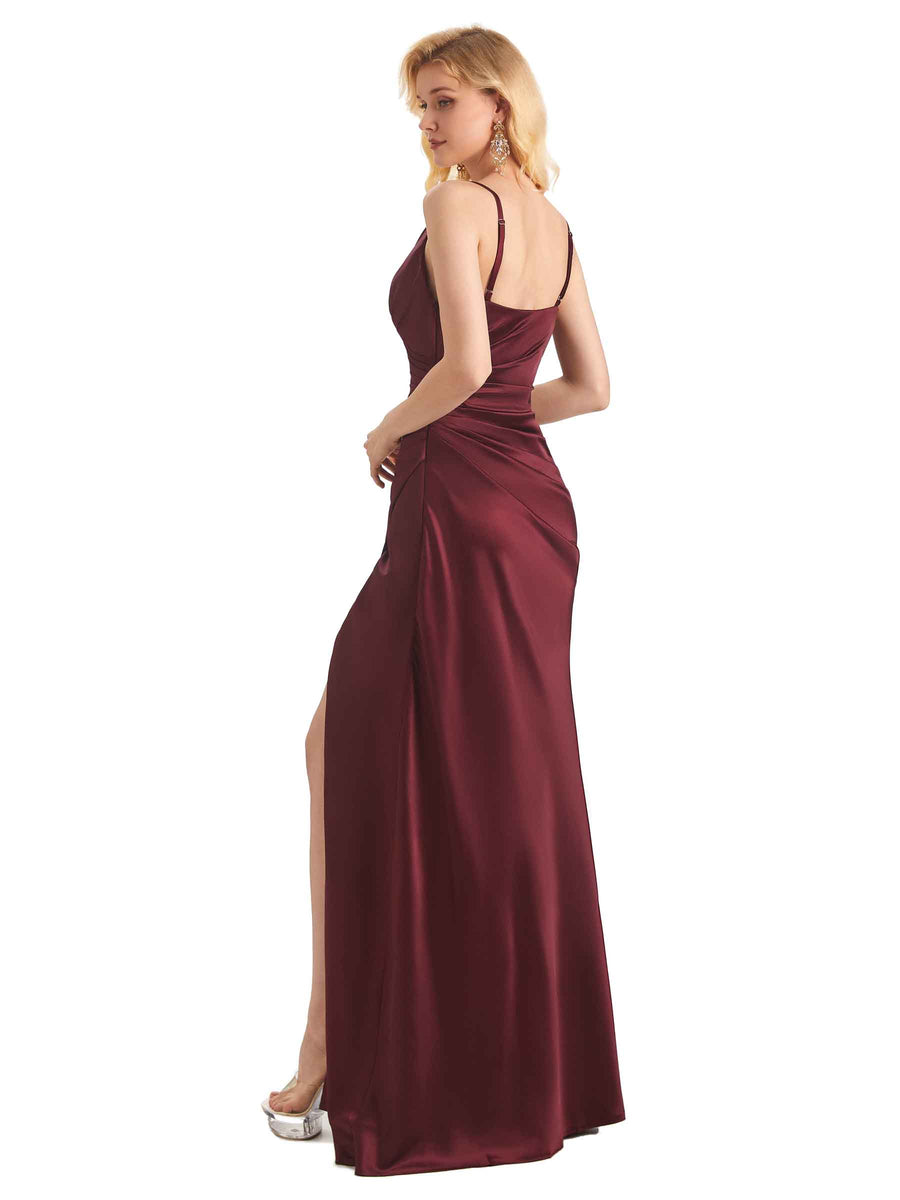 Sexy Side Slit Soft Satin Formal Long Wedding Guest Dresses Online