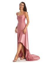 Sexy Soft Satin BacklessSpaghetti Straps Asymmetrical High Low Bridesmaid Dresses Online