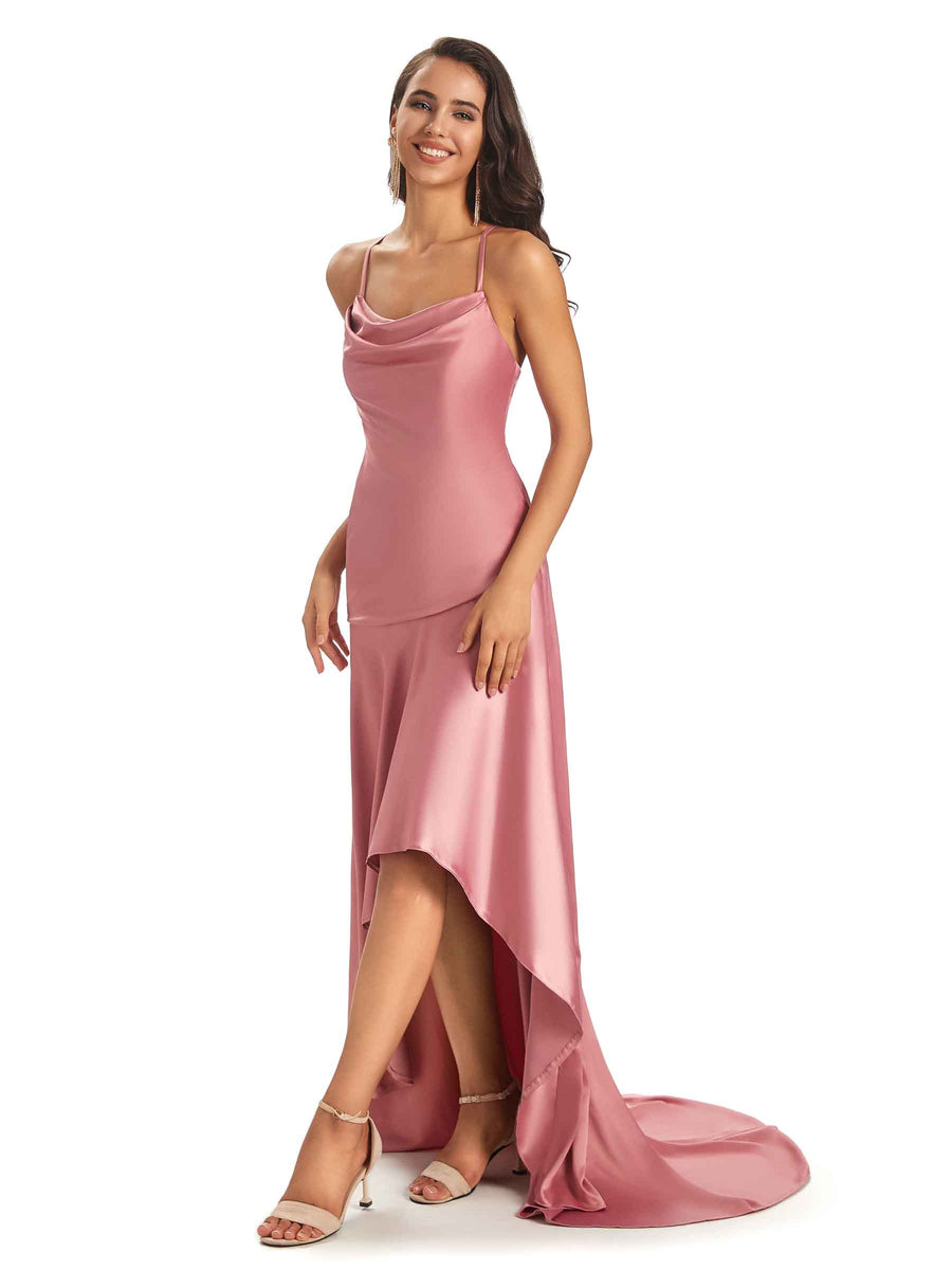 Sexy Soft Satin BacklessSpaghetti Straps Asymmetrical High Low Bridesmaid Dresses Online