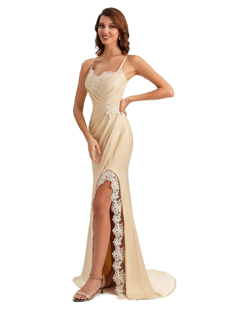 Sexy Side Slit  Spaghetti Straps Lace Mermaid Silky Satin Wedding Guest Dresses