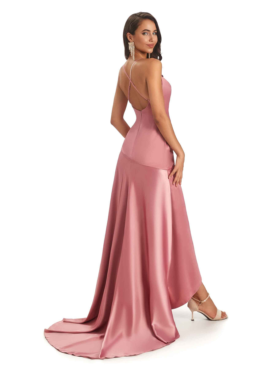 Sexy Soft Satin Criss Cross Spaghetti Straps Asymmetrical High Low Prom Dresses Online