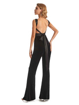 Unique V-neck Open Back Velvet Long Winter Petite Jumpsuit For Wedding Guest