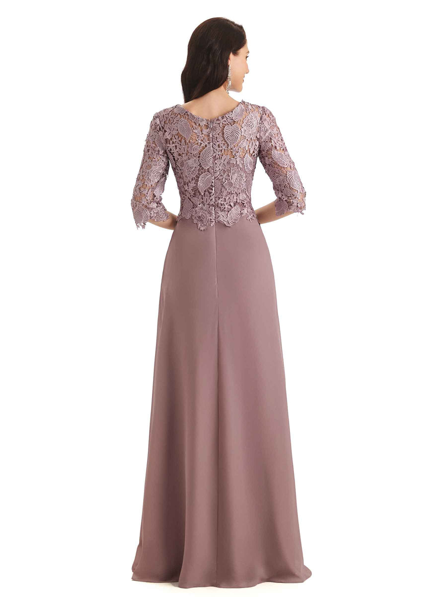 Elegant Chiffon Half Sleeves Lace Long Mother  of The Bride Dresses