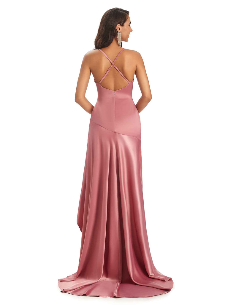 Sexy Soft Satin Criss Cross Spaghetti Straps Asymmetrical High Low Prom Dresses Online
