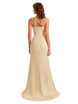 Sexy Side Slit  Spaghetti Straps Lace Mermaid Silky Satin Wedding Guest Dresses