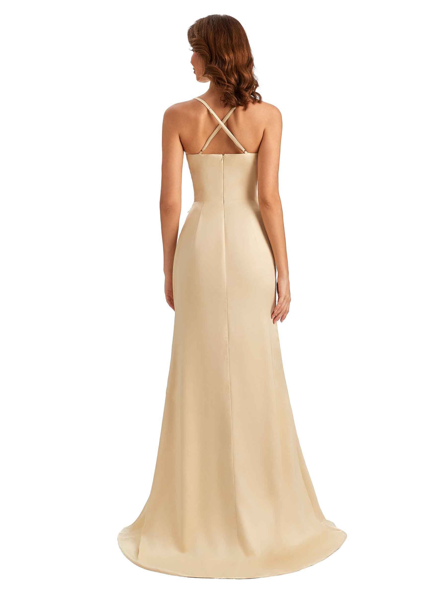 Sexy Side Slit  Spaghetti Straps Lace Mermaid Silky Satin Wedding Guest Dresses