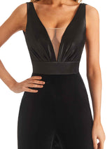 Unique V-neck Open Back Velvet Long Winter Petite Jumpsuit For Wedding Guest